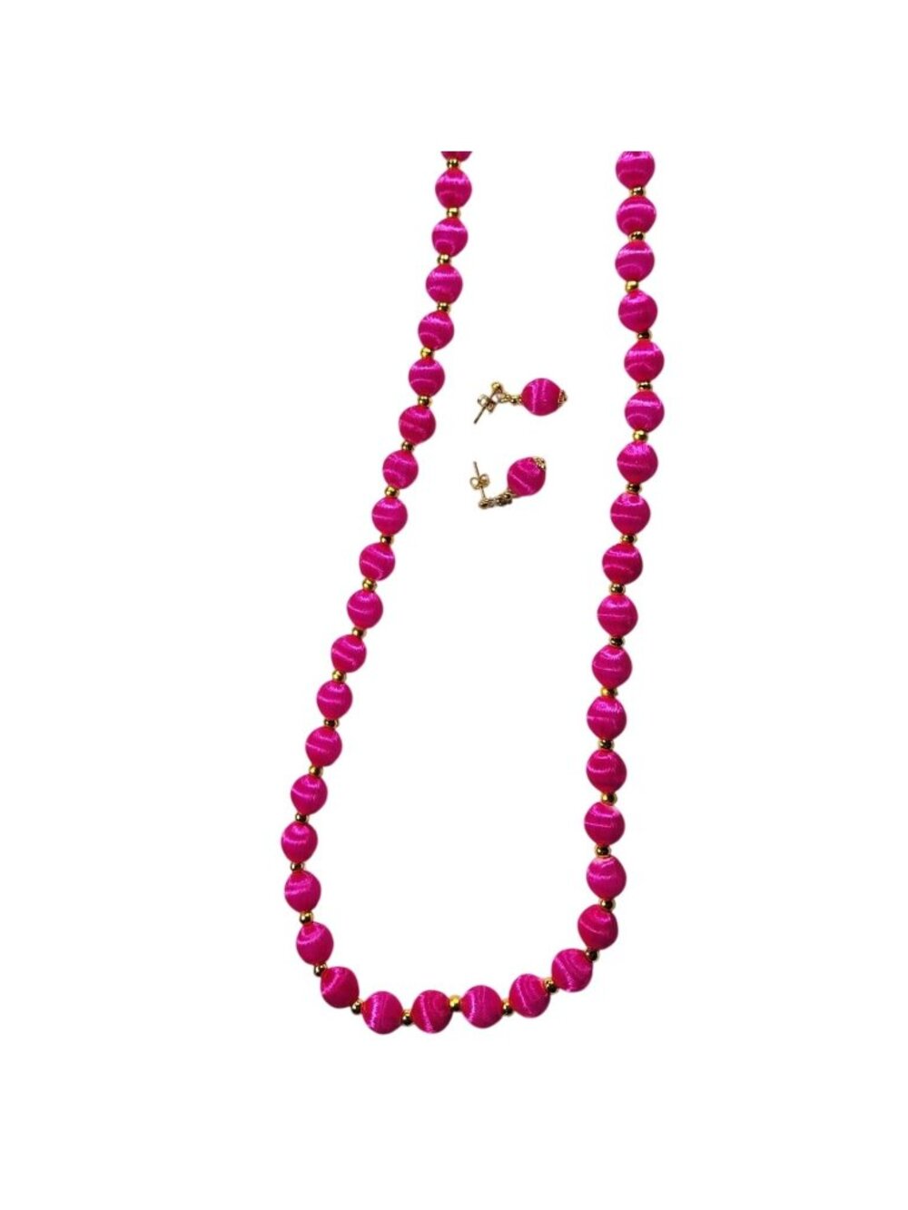 Pink Thread Beaded Necklace Matching Earrings Set Gold-Tone Womens Jewelry